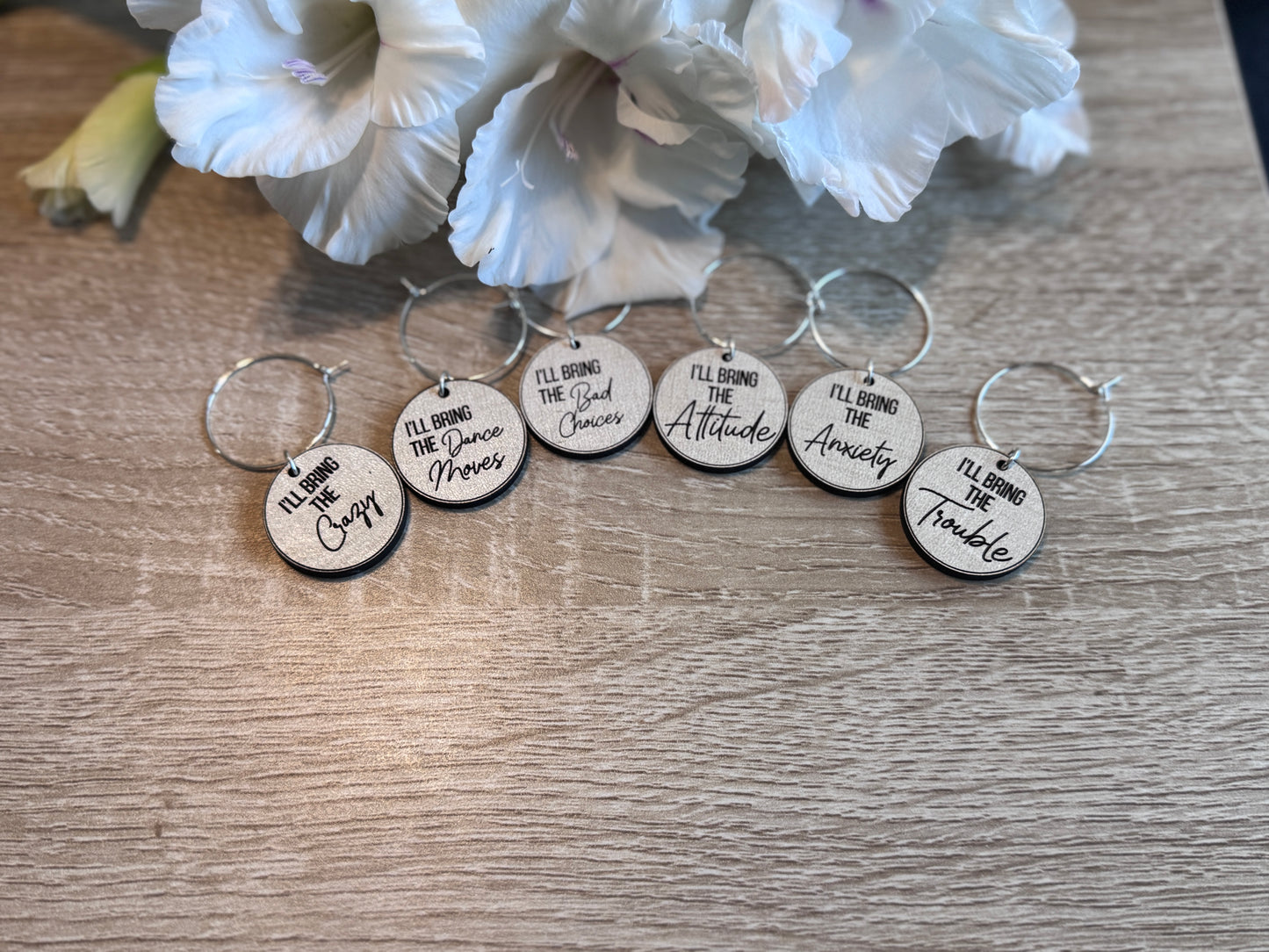 "I'll Bring the Chaos" Wine Charms Set | Laser Engraved, Edgy Party Starters