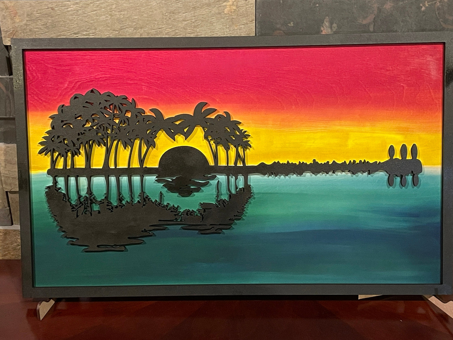 Palm Tree Guitar Wall Sign, Wooden Wall Art, Colorful Wooden Sign, Rainbow Guitar