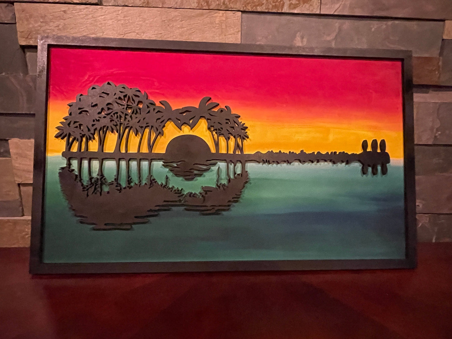 Palm Tree Guitar Wall Sign, Wooden Wall Art, Colorful Wooden Sign, Rainbow Guitar