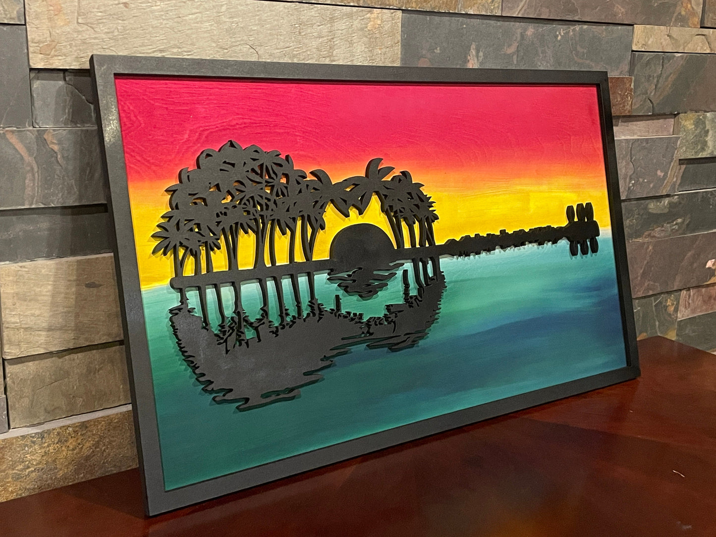 Palm Tree Guitar Wall Sign, Wooden Wall Art, Colorful Wooden Sign, Rainbow Guitar