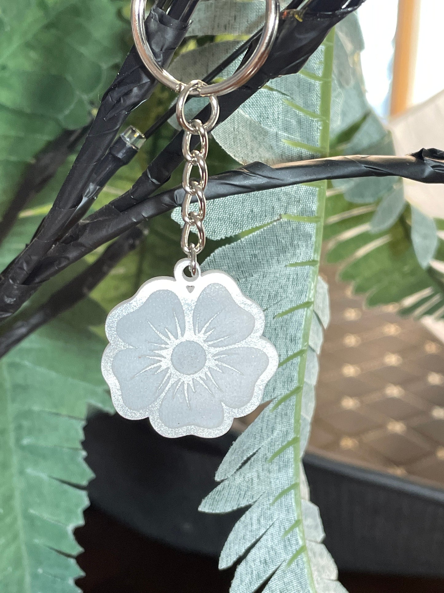 Elegant White Pearl Acrylic Keychain with Floral Engraving