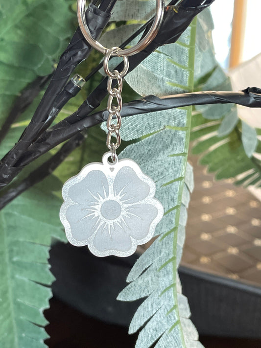 Elegant White Pearl Acrylic Keychain with Floral Engraving