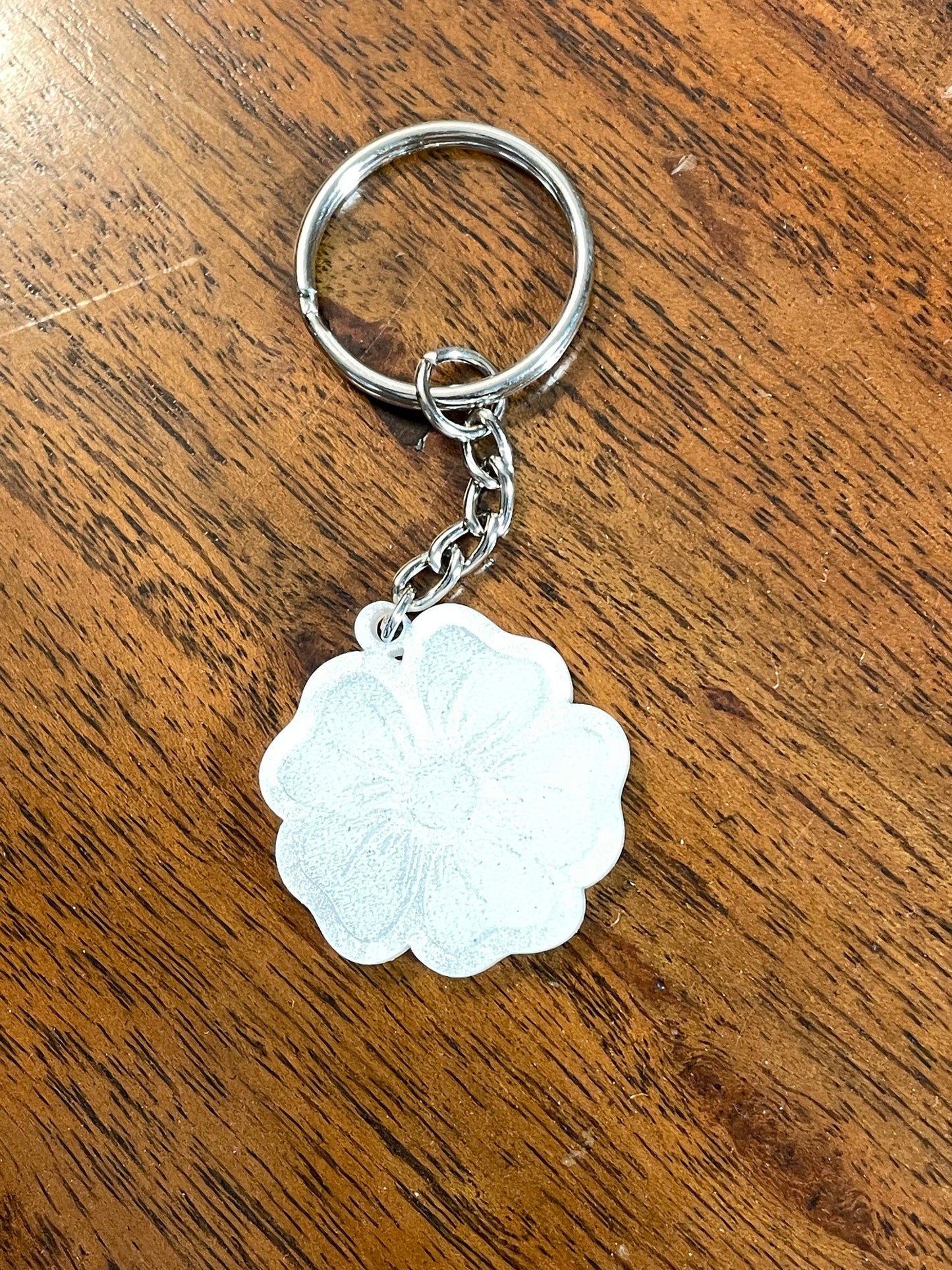 Elegant White Pearl Acrylic Keychain with Floral Engraving
