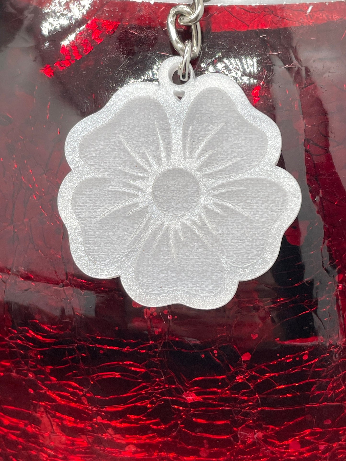 Elegant White Pearl Acrylic Keychain with Floral Engraving