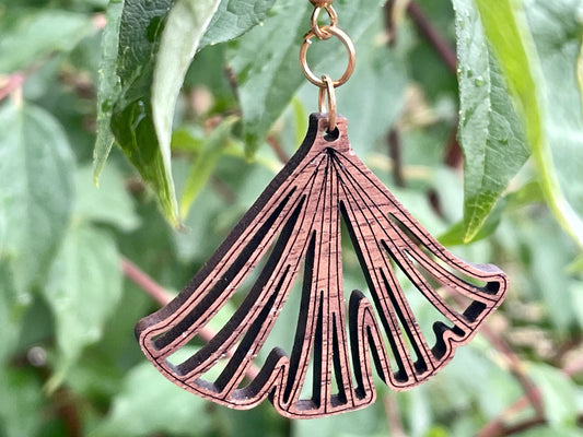 Elegant Fan Design Walnut Wood Earrings with Laser Cut and Engraved Detail