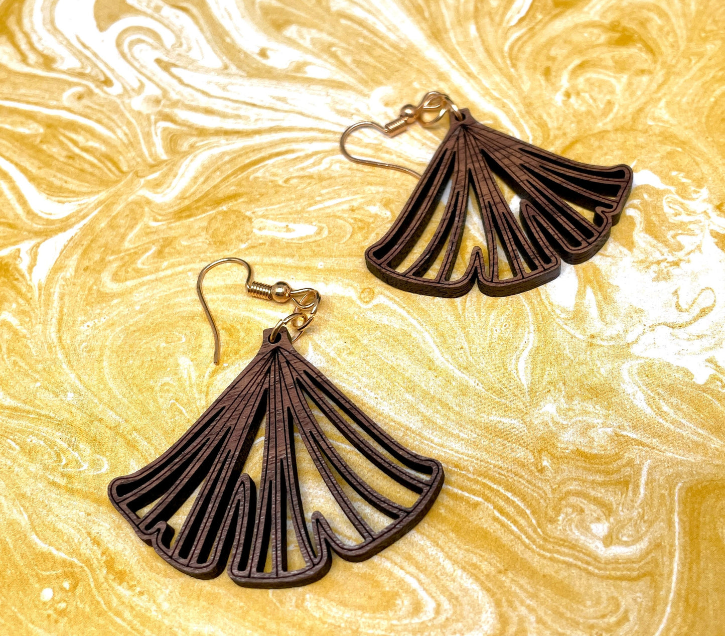 Elegant Fan Design Walnut Wood Earrings with Laser Cut and Engraved Detail