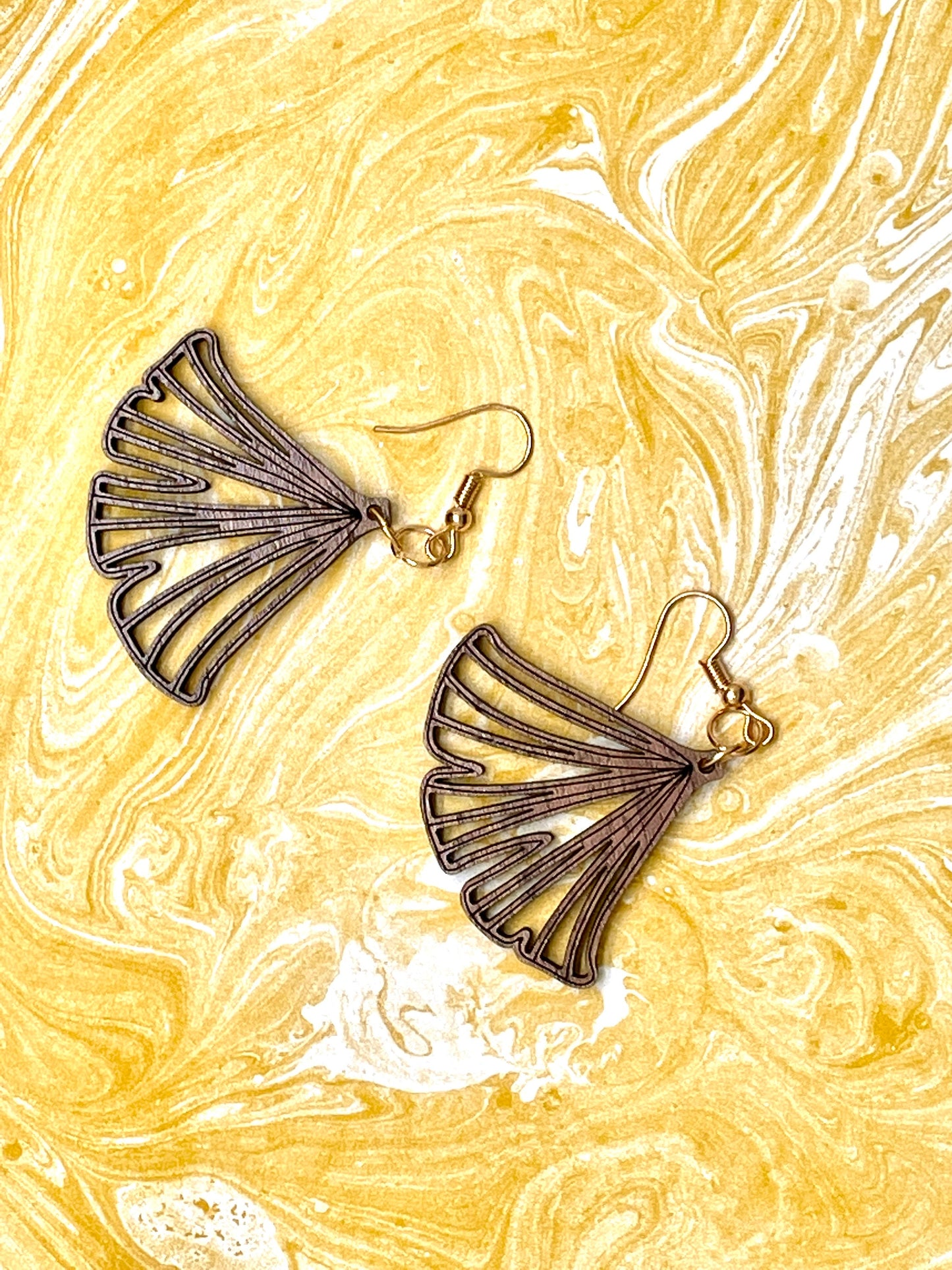 Elegant Fan Design Walnut Wood Earrings with Laser Cut and Engraved Detail
