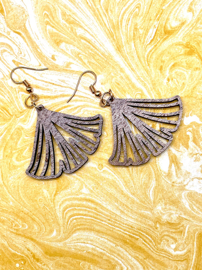 Elegant Fan Design Walnut Wood Earrings with Laser Cut and Engraved Detail