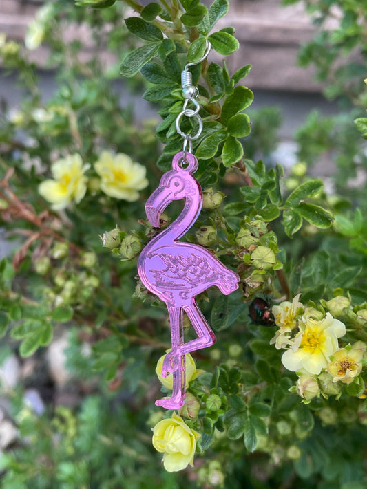 Mirrored Pink Acrylic Flamingo Earrings, Whimsical Earrings