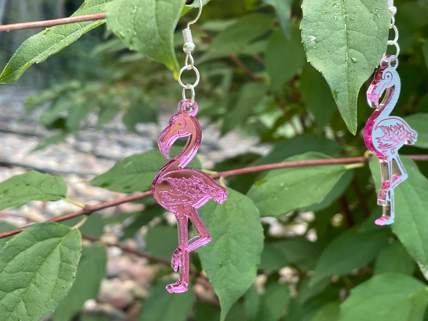 Mirrored Pink Acrylic Flamingo Earrings, Whimsical Earrings