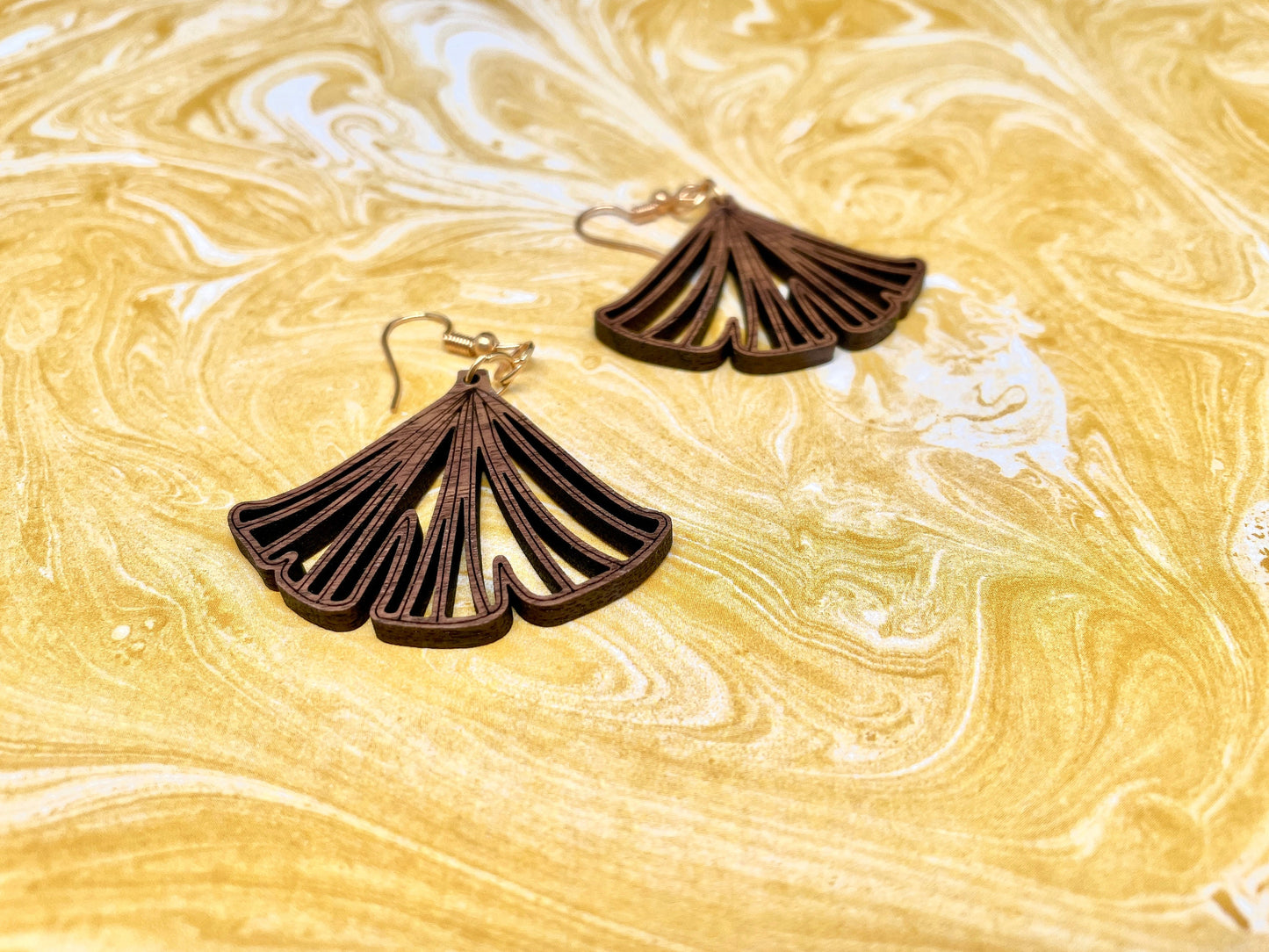 Elegant Fan Design Walnut Wood Earrings with Laser Cut and Engraved Detail
