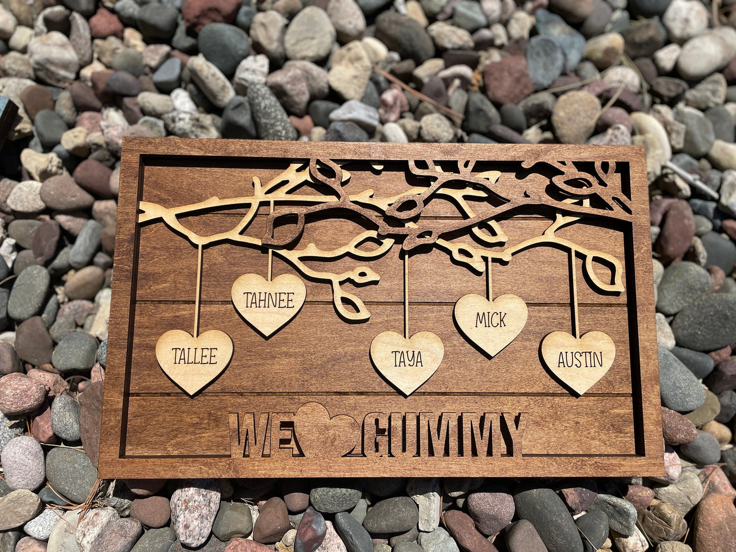 Custom Laser Cut Family Frame with Dangling Hearts – Sentimental Photo Gift