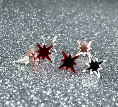 Sparkly Star Stud Earrings – Mirrored Acrylic in Red, Silver, or Pink – Nickel-Free Hardware