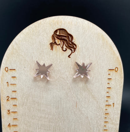 Sparkly Star Stud Earrings – Mirrored Acrylic in Red, Silver, or Pink – Nickel-Free Hardware