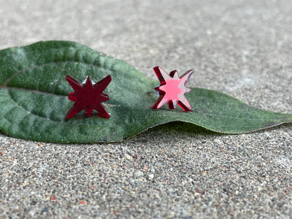 Sparkly Star Stud Earrings – Mirrored Acrylic in Red, Silver, or Pink – Nickel-Free Hardware