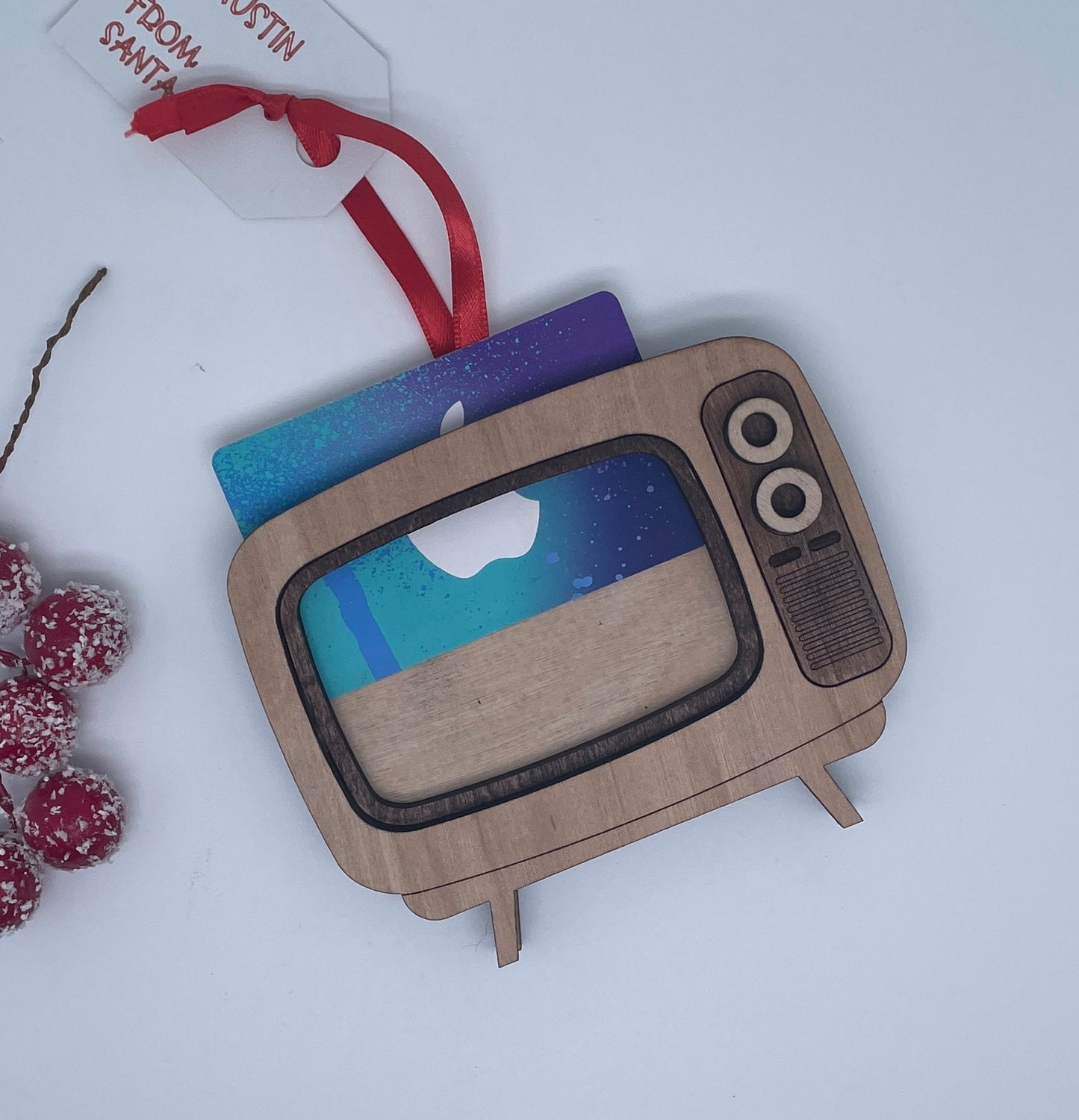 Retro TV Gift Card Holder & Photo Frame – 3-in-1 Wooden Ornament with Ribbon – 4.8x4.2 inches