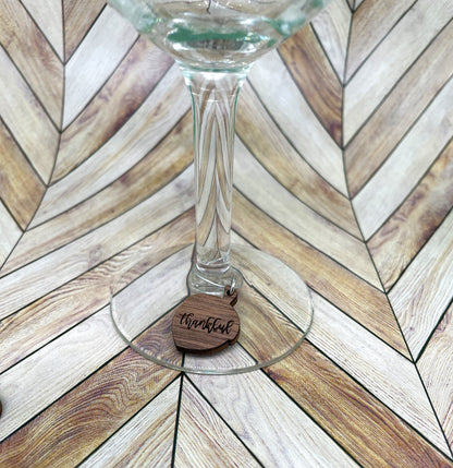 Thanksgiving Wine Charms Set of 6 – Engraved Wood with Gratitude Words – Acorn & Leaf Shapes