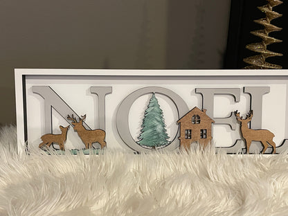 Elegant Noel Sign – Handcrafted 4-Layer Christmas Decor in White, Gray, and Stained Wood – 19x6 inches
