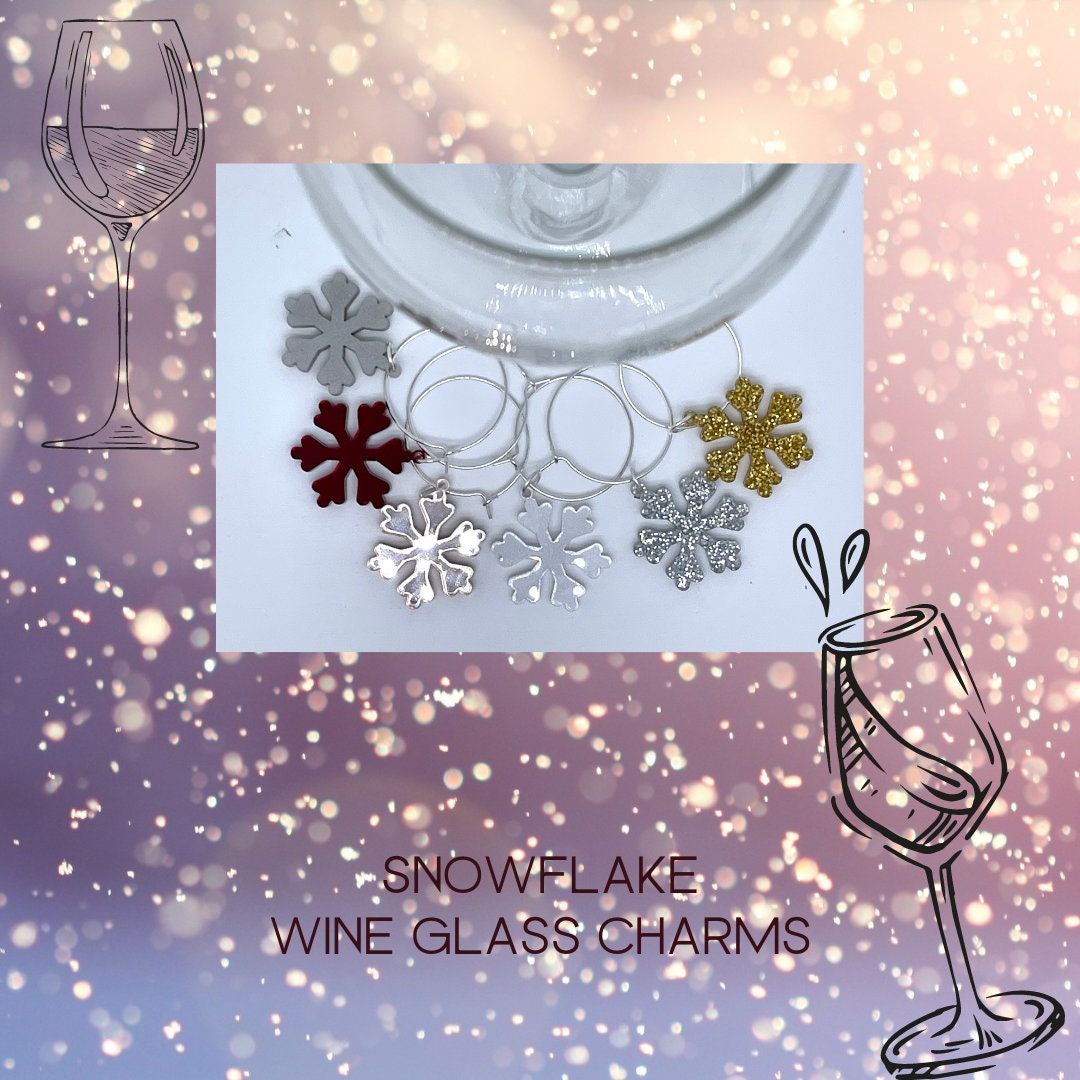 Set of 6 Sparkling Snowflake Wine Charms – Glitter and Mirror Acrylic for Winter Celebrations