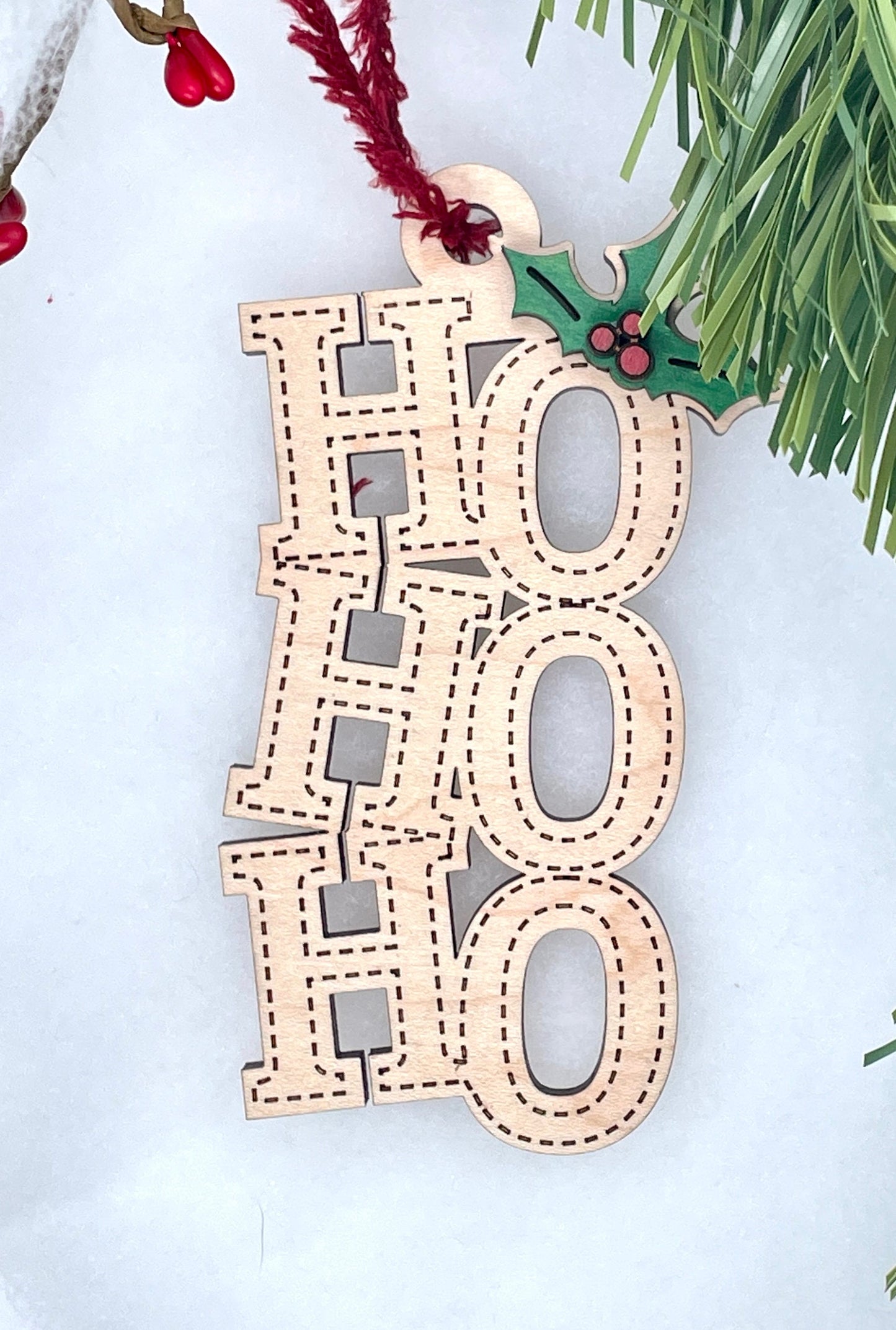 Maple & Mahogany Christmas Ornament, Joy and Hohoho, Wooden Holiday Decor