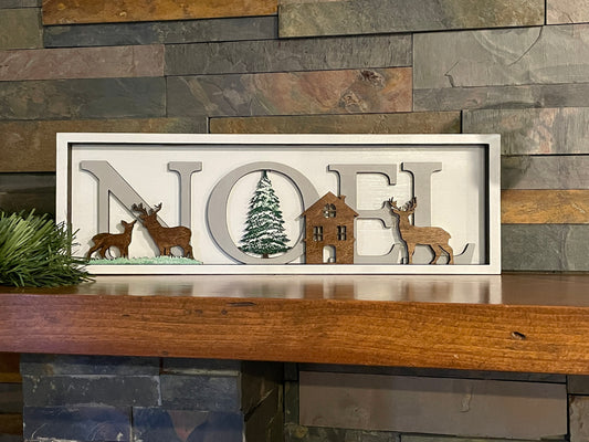 Elegant Noel Sign – Handcrafted 4-Layer Christmas Decor in White, Gray, and Stained Wood – 19x6 inches