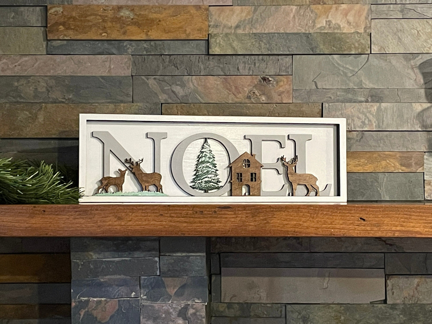 Elegant Noel Sign – Handcrafted 4-Layer Christmas Decor in White, Gray, and Stained Wood – 19x6 inches