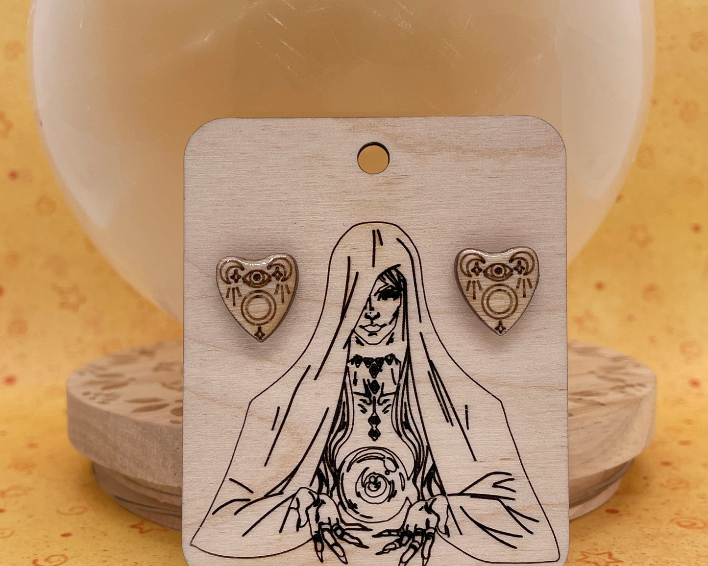 Wooden Planchette Stud Earrings – Gothic Ouija-Inspired Jewelry