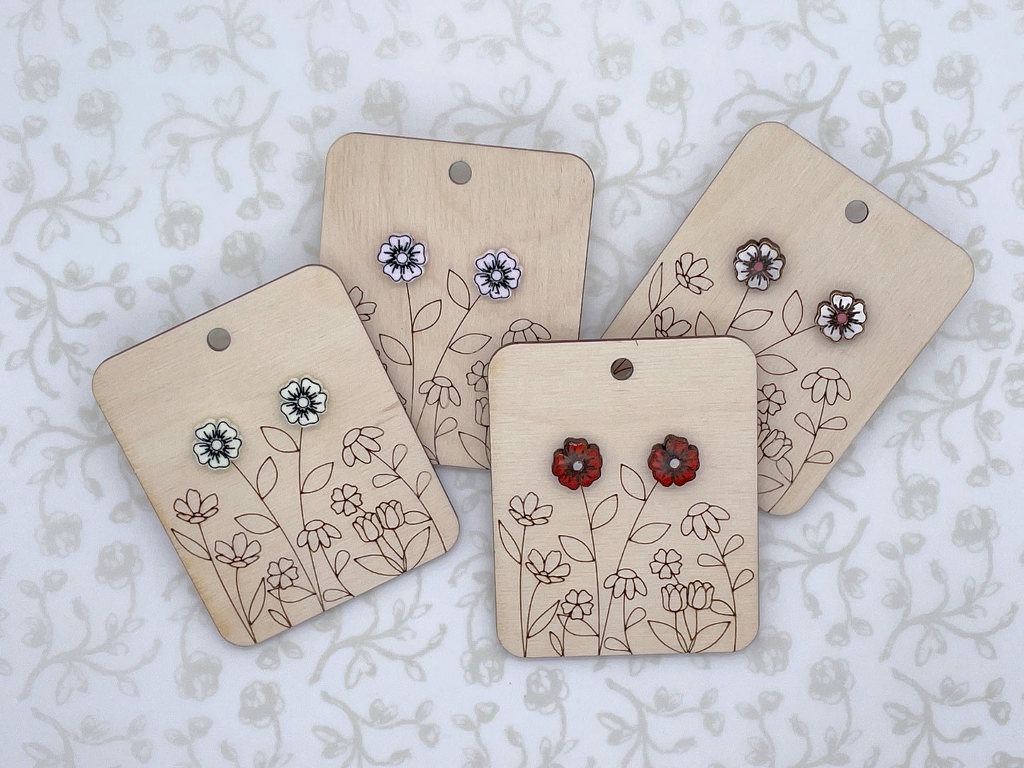 Laser Cut Dianthus Flower Wood/Acrylic Stud Earrings with Resin Coating