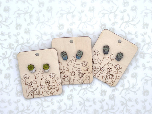 Laser Cut Hand-painted Wood Succulent Stud Earrings