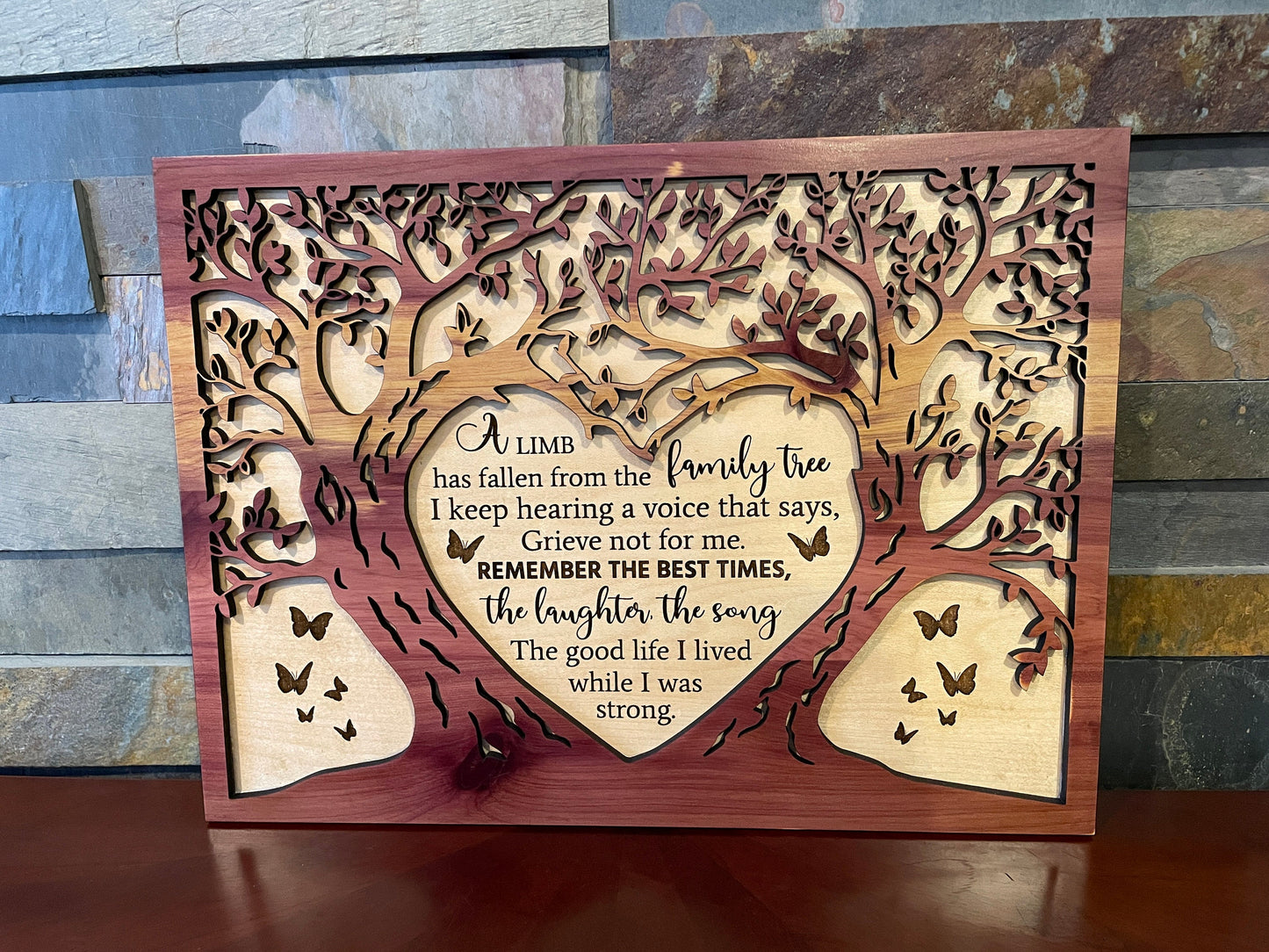 Personalized Tree Shaped Memorial Sign – Handcrafted 2-Layer Wooden Keepsake with Poem – 14x10 inches