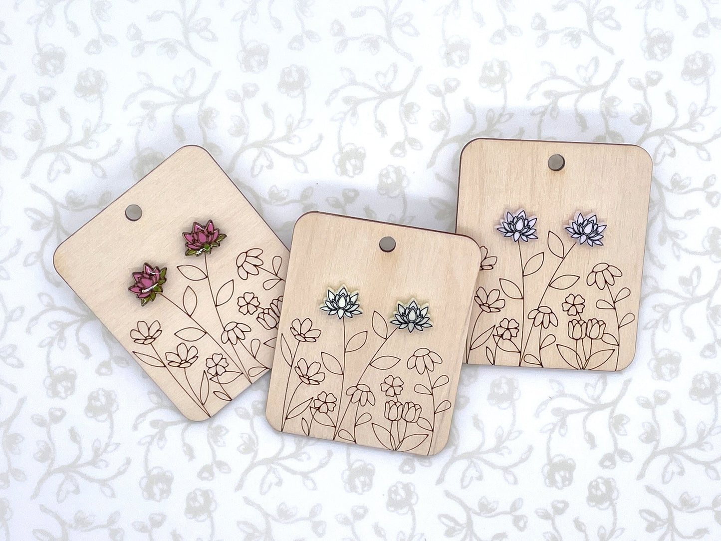 Laser Cut Lotus Flower Wood/Acrylic Stud Earrings
