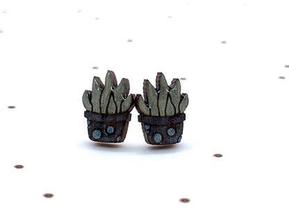 Laser Cut and Hand-painted Wood Snake Succulent Stud Earrings
