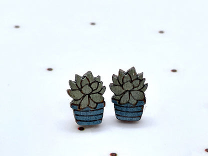 Laser Cut Hand-painted Wood Succulent Stud Earrings