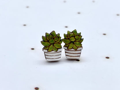 Laser Cut Hand-painted Wood Succulent Stud Earrings