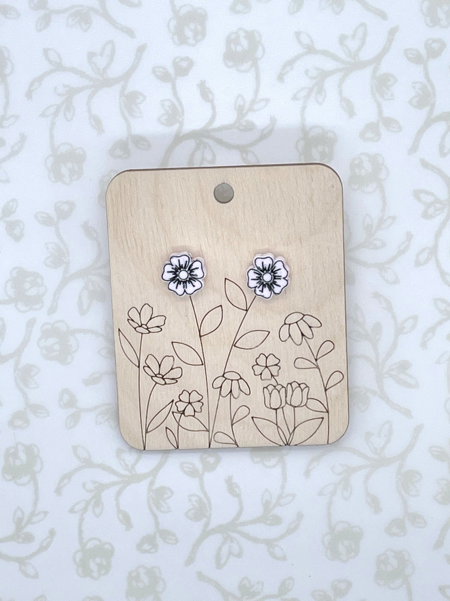 Laser Cut Dianthus Flower Wood/Acrylic Stud Earrings with Resin Coating