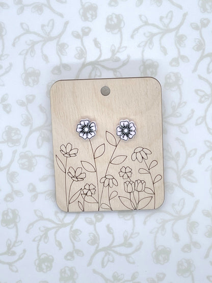 Laser Cut Dianthus Flower Wood/Acrylic Stud Earrings with Resin Coating