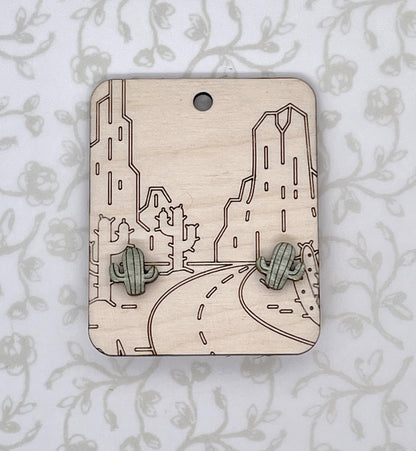 Handmade Saguaro Cactus Wood Stud Earrings with Resin Coating