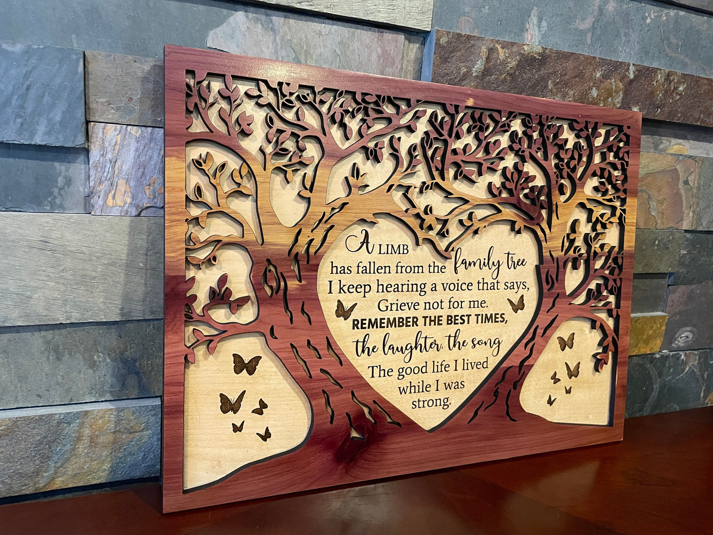 Personalized Tree Shaped Memorial Sign – Handcrafted 2-Layer Wooden Keepsake with Poem – 14x10 inches