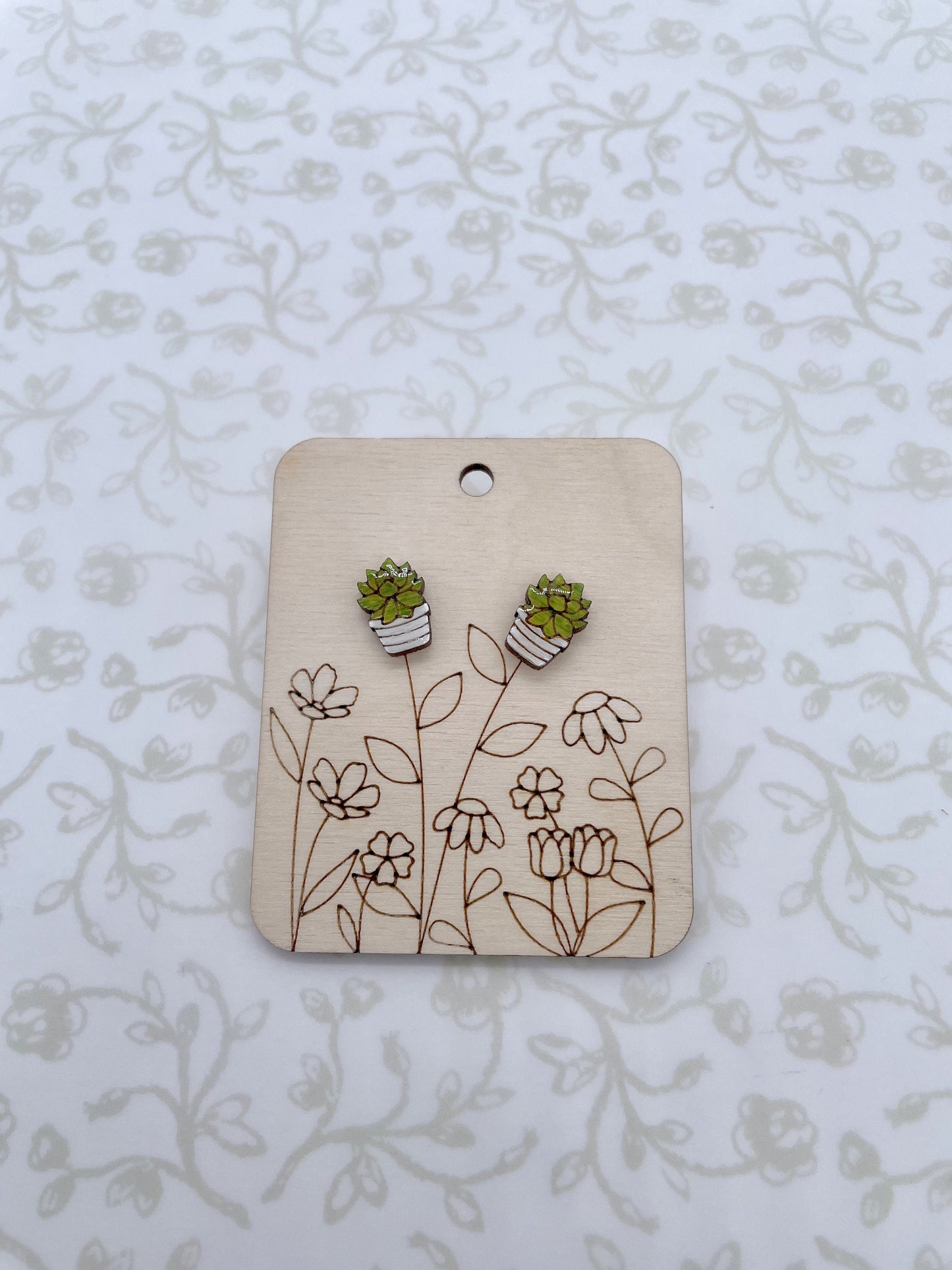 Laser Cut and Hand-painted Wood Snake Succulent Stud Earrings