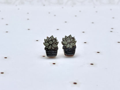 Laser Cut Hand-painted Wood Succulent Stud Earrings