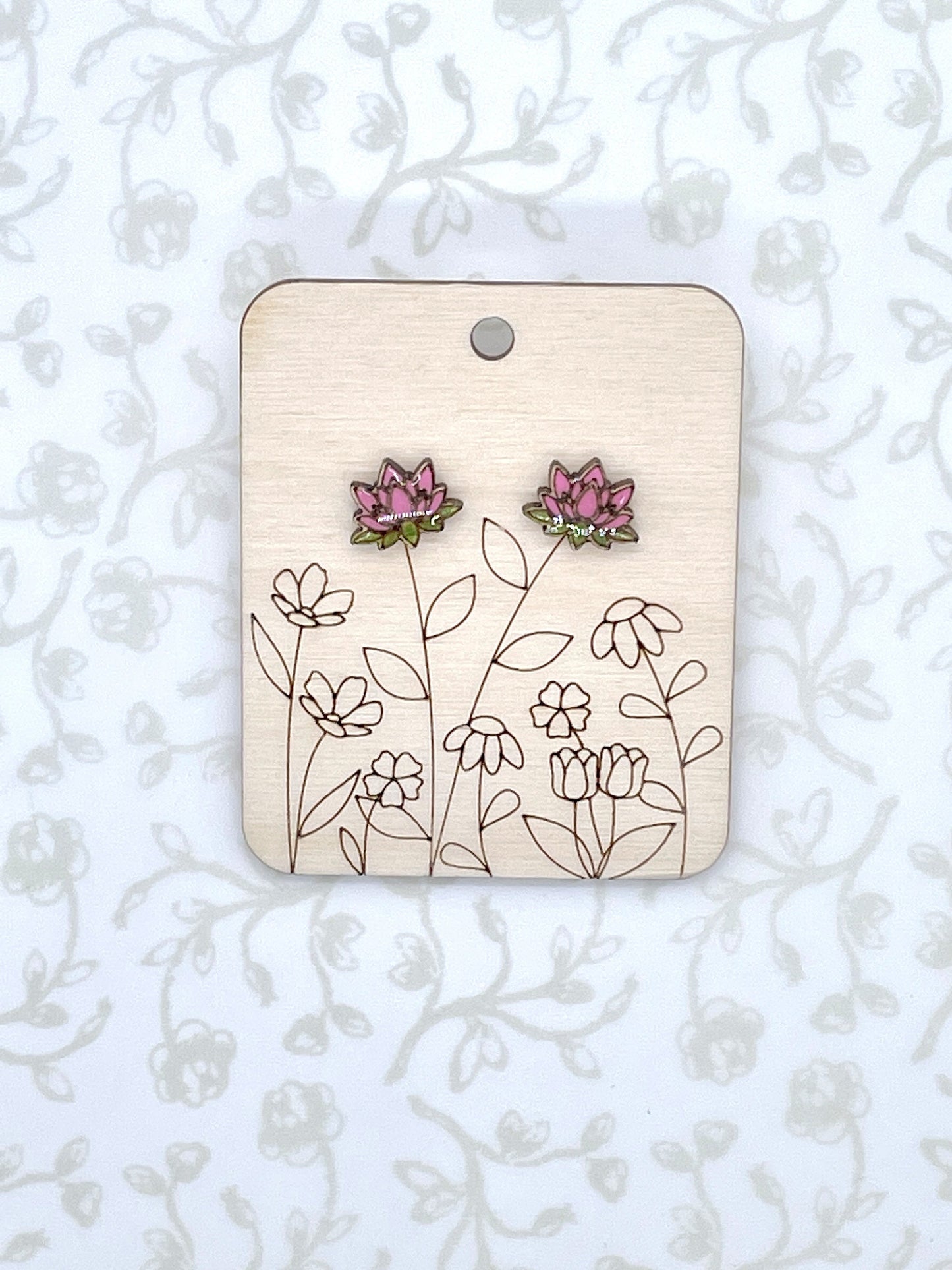 Laser Cut Lotus Flower Wood/Acrylic Stud Earrings