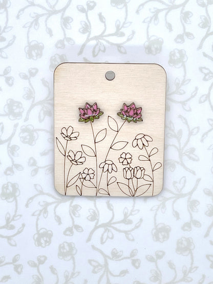 Laser Cut Lotus Flower Wood/Acrylic Stud Earrings