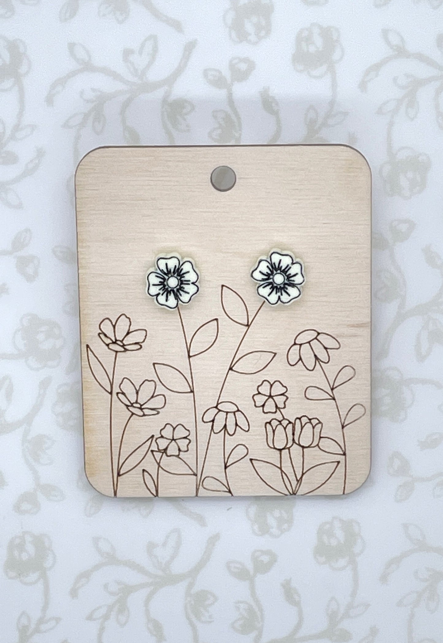 Laser Cut Dianthus Flower Wood/Acrylic Stud Earrings with Resin Coating