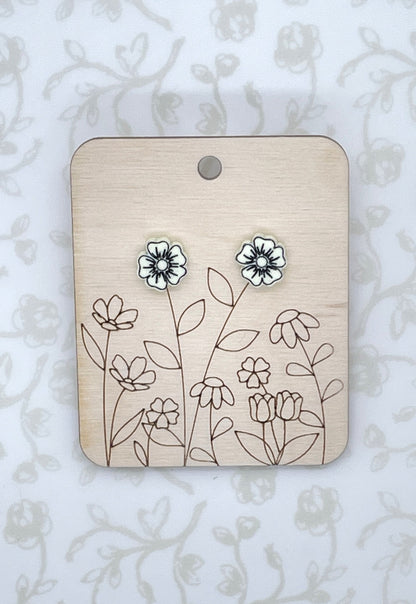 Laser Cut Dianthus Flower Wood/Acrylic Stud Earrings with Resin Coating