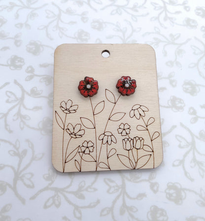 Laser Cut Dianthus Flower Wood/Acrylic Stud Earrings with Resin Coating