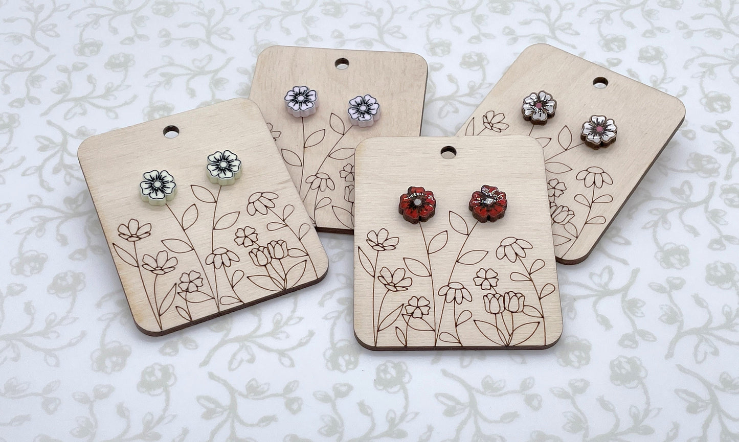 Laser Cut Dianthus Flower Wood/Acrylic Stud Earrings with Resin Coating