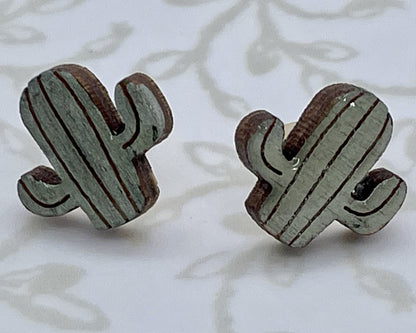 Handmade Saguaro Cactus Wood Stud Earrings with Resin Coating