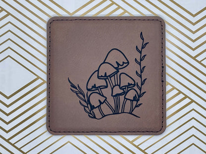 Engraved Mushroom Leather Coasters – Set of Four
