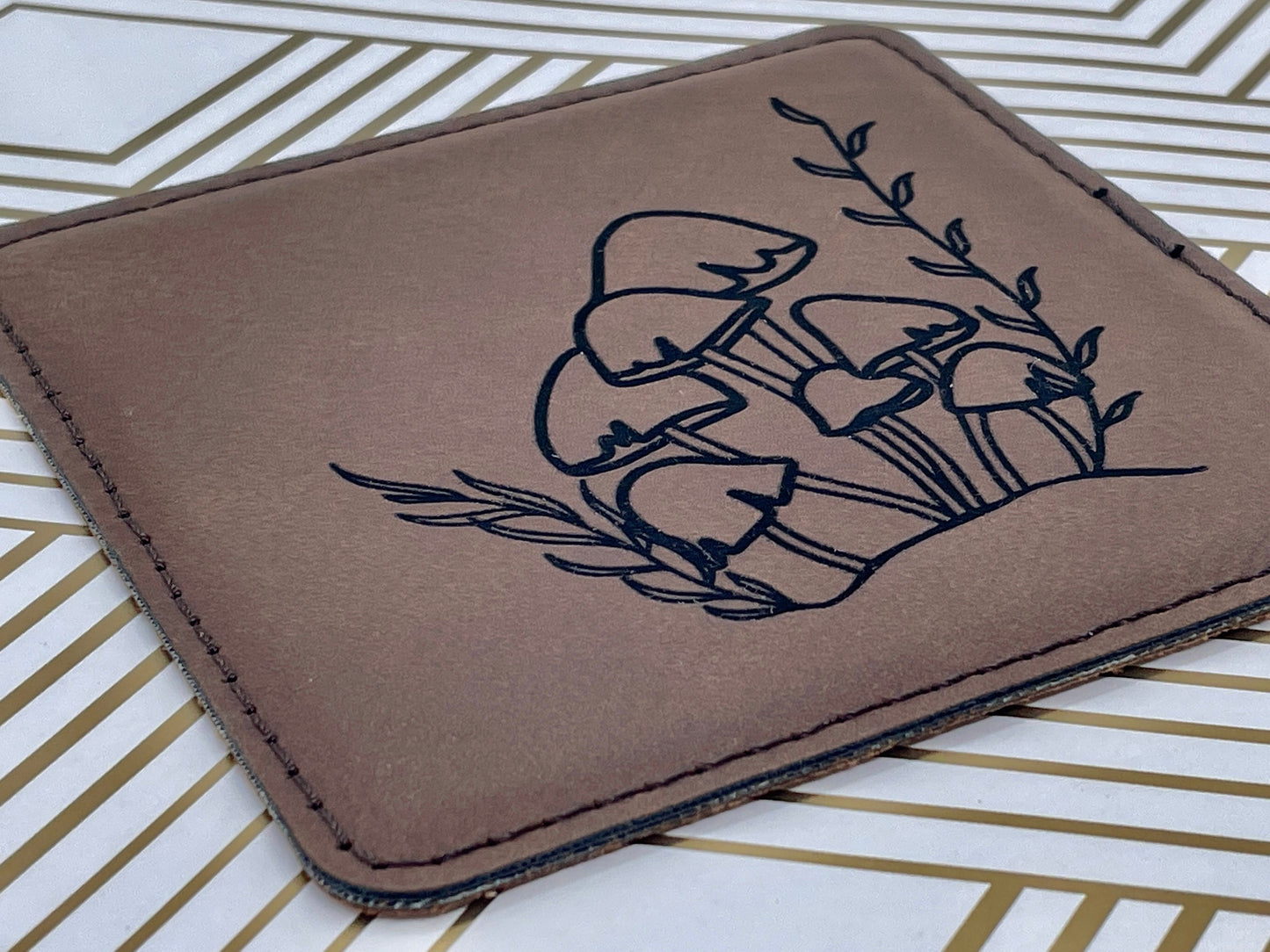 Engraved Mushroom Leather Coasters – Set of Four