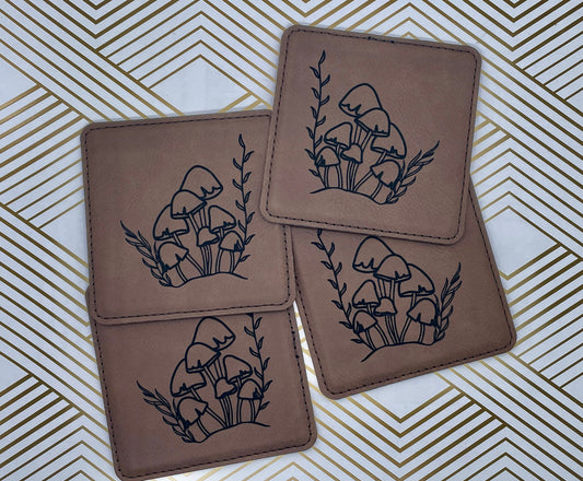 Engraved Mushroom Leather Coasters – Set of Four